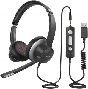USB Headset with Mic for PC, Over-Ear Computer Laptop Headphones with Noise Cancelling Microphone in-line Control for Home Office Online Class Skype Zoom