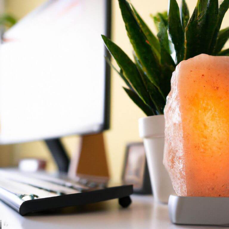 Himalayan salt lamp on office desk